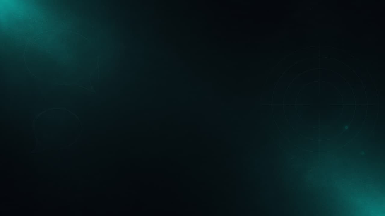 Two faint speech bubbles facing a target reticle across a teal haze — getting named in a ChatGPT answer.
