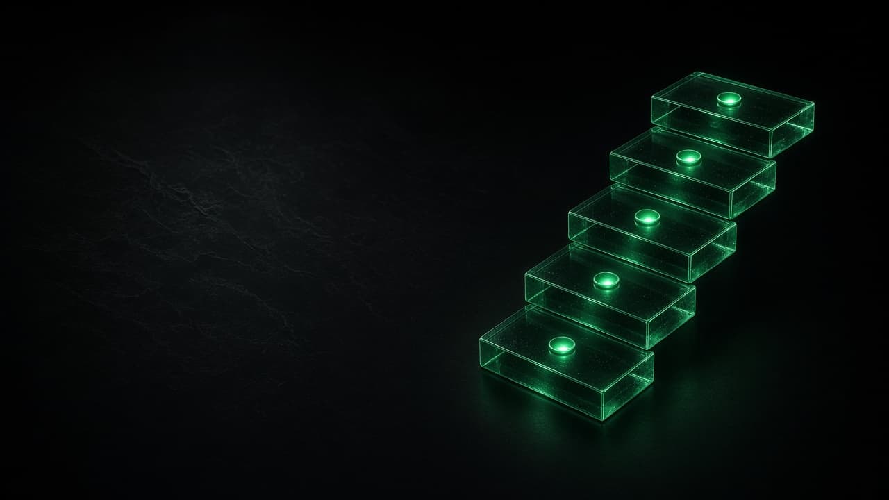 Five lit glass slabs climbing like a staircase, one step per criterion for choosing an AI visibility tool.