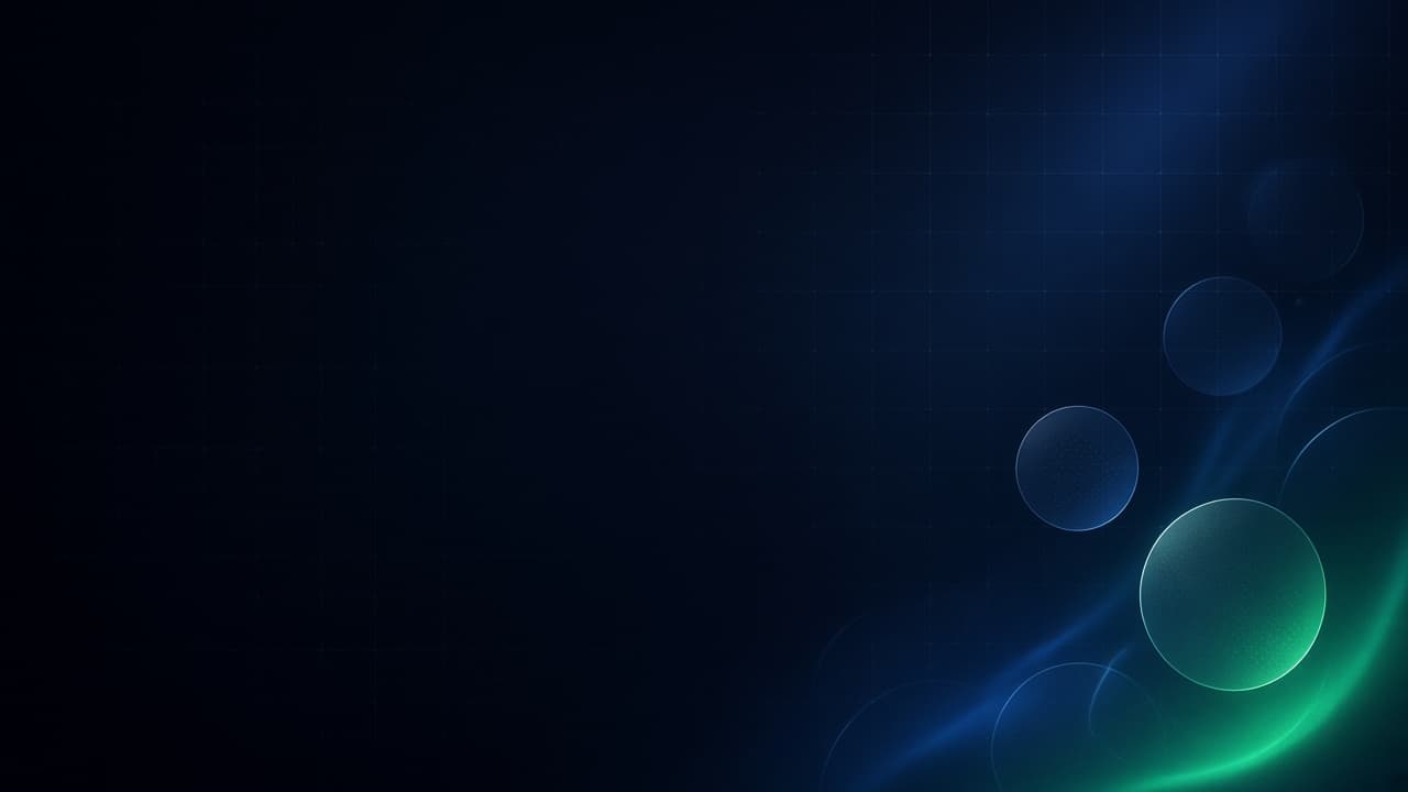 Blue and green spheres rising along a ribbon of light over a faint grid.