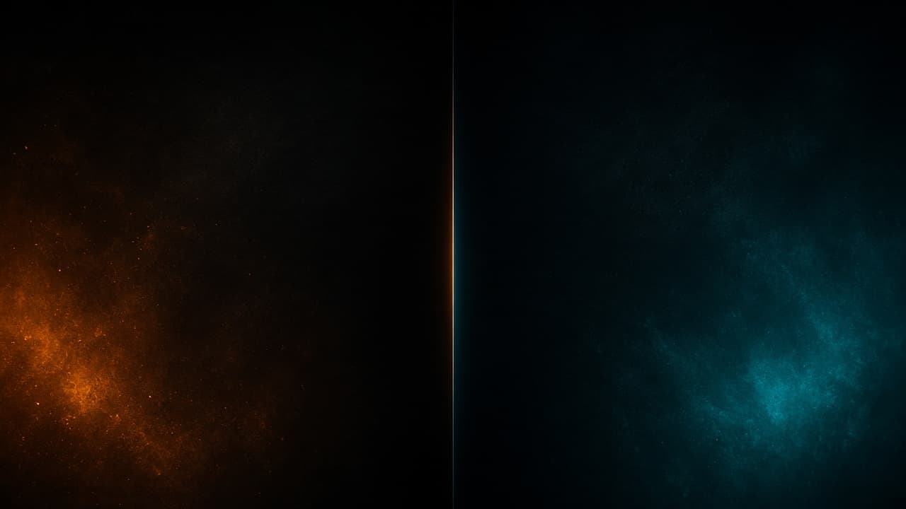 An orange nebula and a teal nebula split down the middle by a seam of light, one side per tool.
